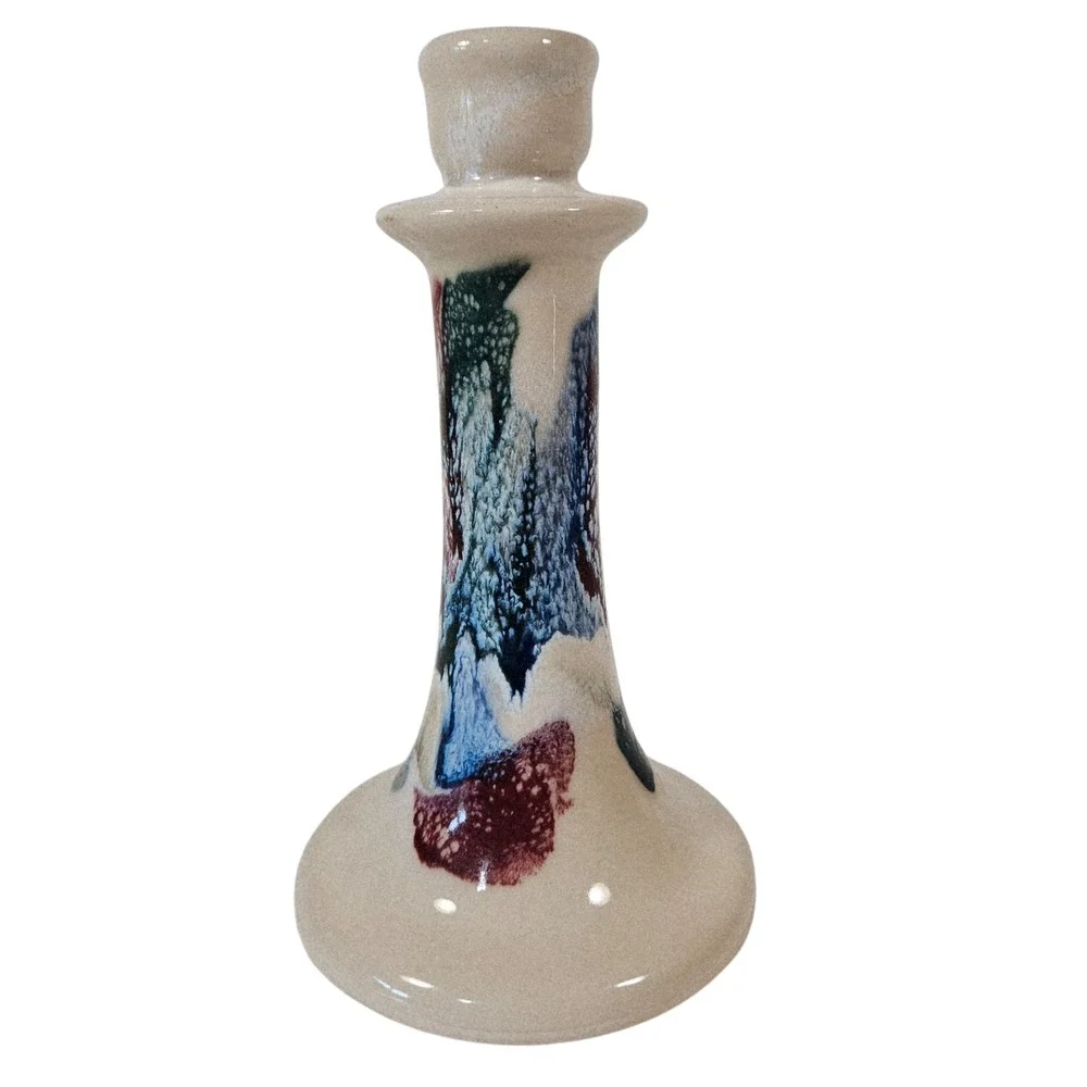 Vtg‎ D.K. Clay Pottery Sanford NC Taper Candlestick Holder Blue Burgundy Glazed